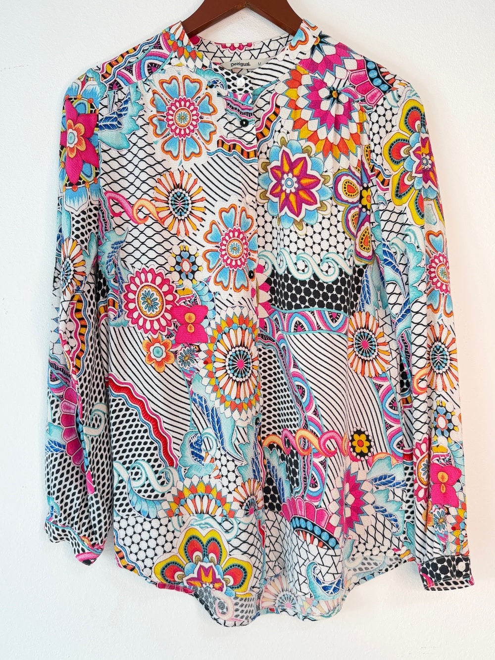 Desigual Boho Floral Button Front Top Womens Medium Abstract Artsy Colorful Y2K